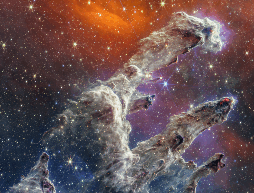 Composite image of the "Pillars of Creation" (Eagle Nebula) from two cameras aboard NASA’s James Webb Space Telescope. Credit: NASA, ESA, CSA, STScI; Joseph DePasquale (STScI), Alyssa Pagan (STScI), Anton M. Koekemoer (STScI).